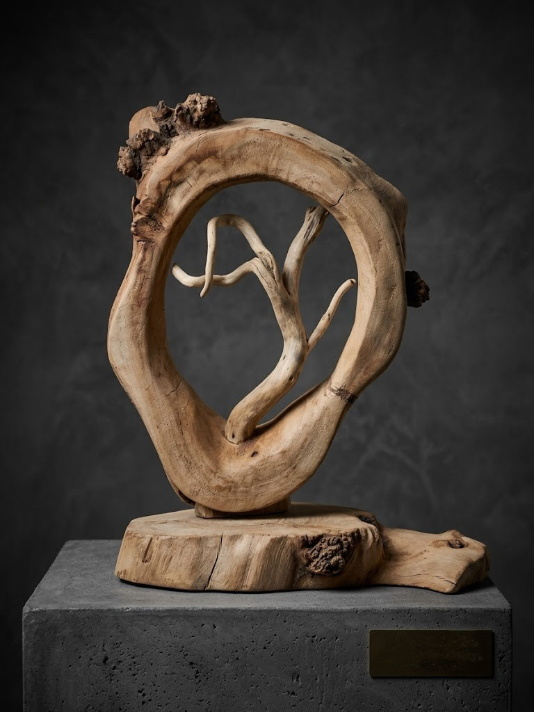 Escultura "Nacimiento de la forma" realizada en madera de olivo, tratada y pulida con cera natural de abeja