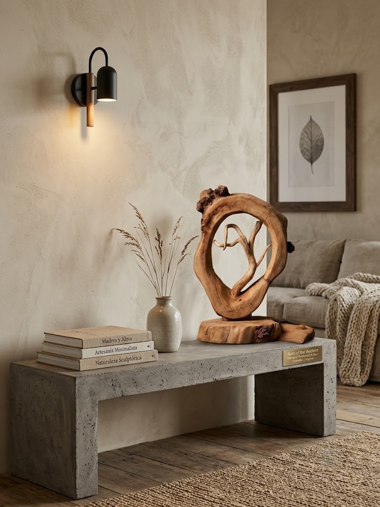 Escultura "Nacimiento de la forma" realizada en madera de olivo, tratada y pulida con cera natural de abeja