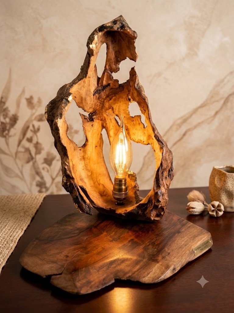 Lámpara estilo rústico de madera de olivo tratada con cera de abeja